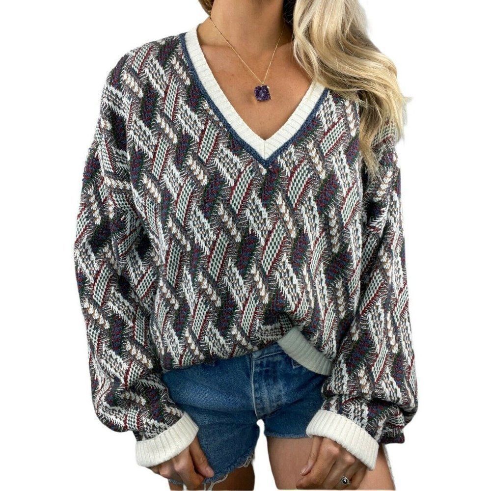 Vintage Crossings Fine Line V-neck Chunky Patterned Grandpa Sweater Size Large